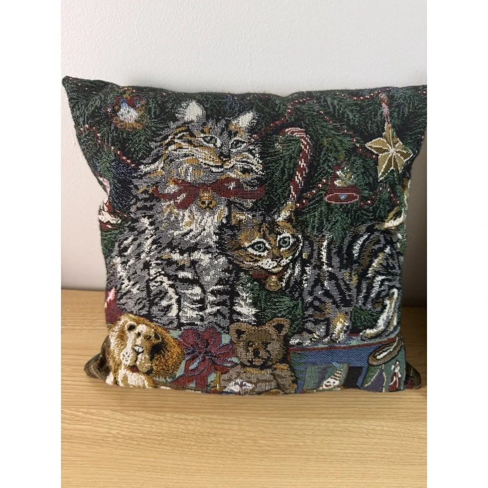 Christmas Cat Tapestry Throw Pillows Pair Woven Holiday Tree Teddy Bear Decor